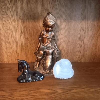STATUE OF A GIRL AND CAT, MARBLE EGG, AVON COLOGNE HORSE AND AN AGATE