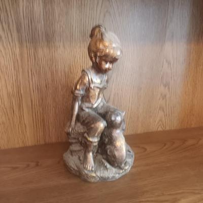 STATUE OF A GIRL AND CAT, MARBLE EGG, AVON COLOGNE HORSE AND AN AGATE