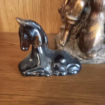 STATUE OF A GIRL AND CAT, MARBLE EGG, AVON COLOGNE HORSE AND AN AGATE