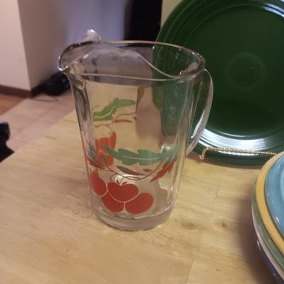 FIESTAWARE DINNER PLATES & SERVING BOWL PLUS SMALL GLASS PITCHER