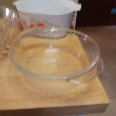 COOKWARE AND A LARGE GLASS BOWL