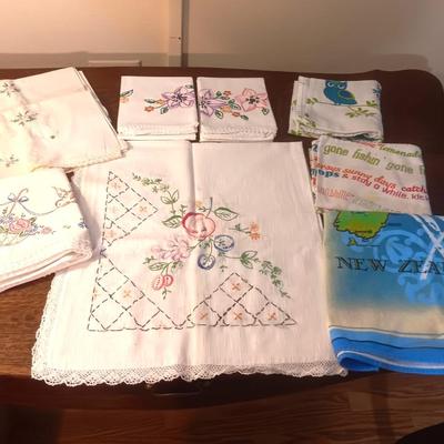 HAND EMBROIDERED PILLOWCASES & SMALL TABLECLOTH PLUS DISH TOWELS