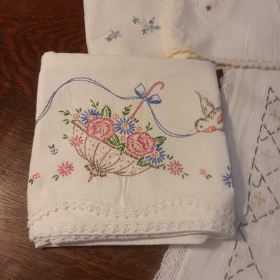 HAND EMBROIDERED PILLOWCASES & SMALL TABLECLOTH PLUS DISH TOWELS