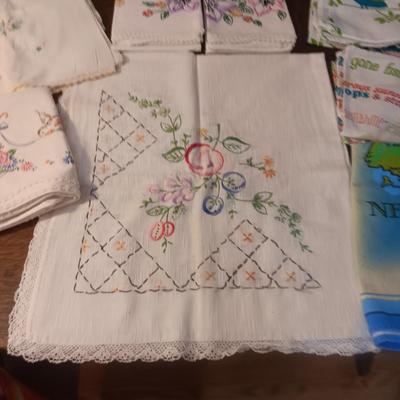 HAND EMBROIDERED PILLOWCASES & SMALL TABLECLOTH PLUS DISH TOWELS