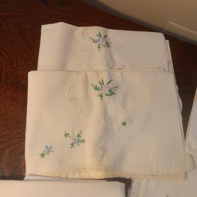 HAND EMBROIDERED PILLOWCASES & SMALL TABLECLOTH PLUS DISH TOWELS