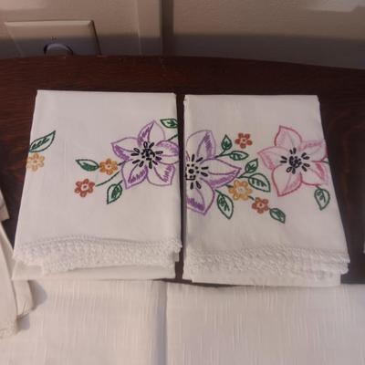 HAND EMBROIDERED PILLOWCASES & SMALL TABLECLOTH PLUS DISH TOWELS