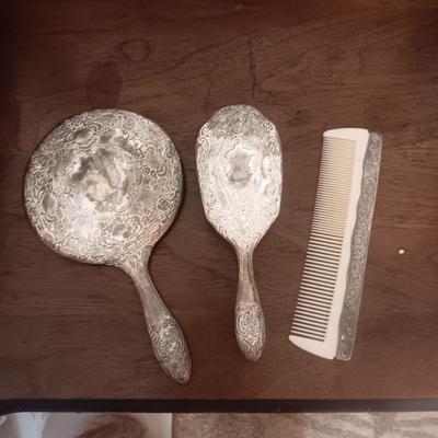 SILVER PLATED VANITY SET WITH MIRROR, BRUSH AND COMB