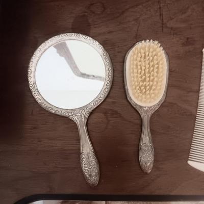 SILVER PLATED VANITY SET WITH MIRROR, BRUSH AND COMB