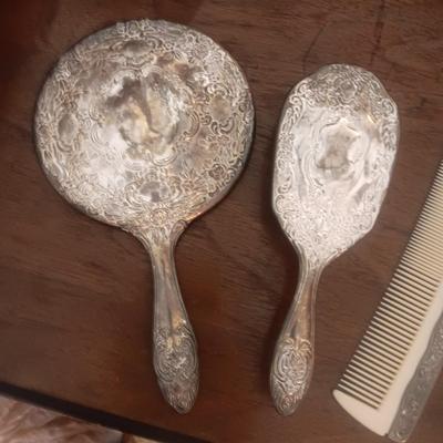 SILVER PLATED VANITY SET WITH MIRROR, BRUSH AND COMB