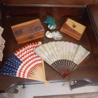 2 WOODEN BOXES, 2 FANS AND MORE
