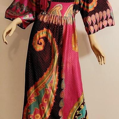 Vtg 60s Tie Dye maxi Hostess dress Angel Sleeves