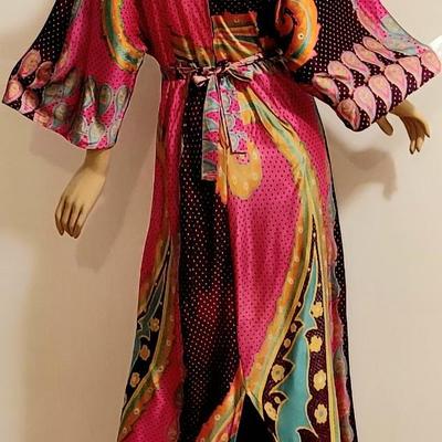 Vtg 60s Tie Dye maxi Hostess dress Angel Sleeves