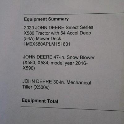 JOHN DEERE 4 Rivers X 580 with 54" Accel Deep Deck with John Deere Tiller, John Deere Snow Blower, and Yardworks Lawn Sweeper