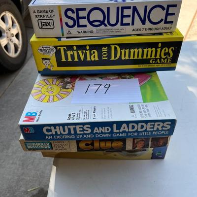 5 Assorted Board Games: Clue, Chutes and Ladders, Trivial Pursuit, Trivia for Dummies, Sequence