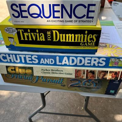 5 Assorted Board Games: Clue, Chutes and Ladders, Trivial Pursuit, Trivia for Dummies, Sequence