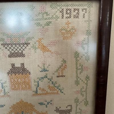 1937 Framed needle point sampler