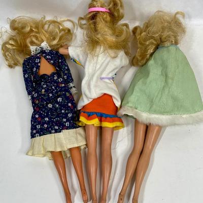 Three vintage Barbies Mickey Mouse dress, Prairie Dress, Cocktail Dress