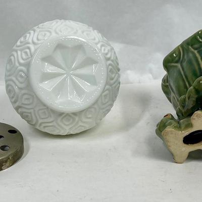 Vintage Flower Frogs Milk Glass & Frog Figurine Green Ceramic Vase