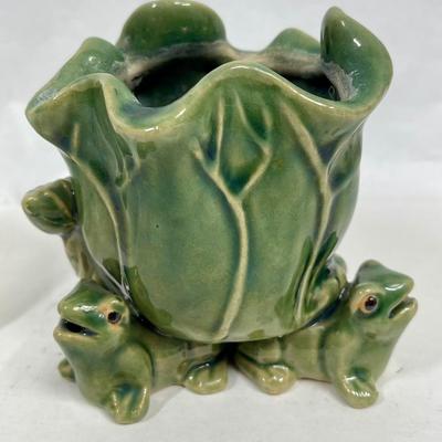 Vintage Flower Frogs Milk Glass & Frog Figurine Green Ceramic Vase