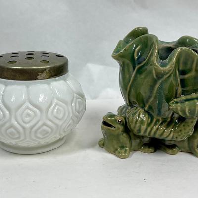 Vintage Flower Frogs Milk Glass & Frog Figurine Green Ceramic Vase