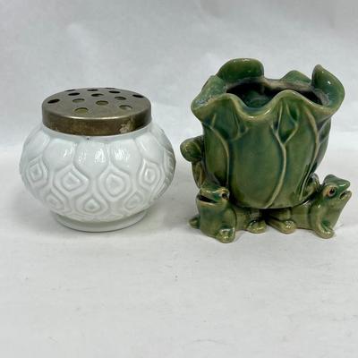 Vintage Flower Frogs Milk Glass & Frog Figurine Green Ceramic Vase