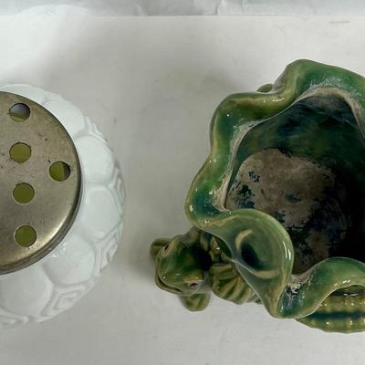 Vintage Flower Frogs Milk Glass & Frog Figurine Green Ceramic Vase