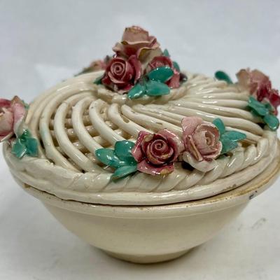 Italian lidded bowl spaghetti ceramic with porcelain roses