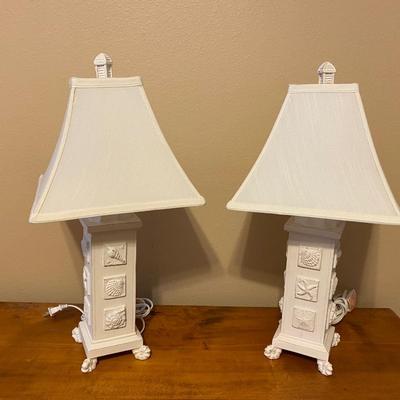 Pair of wooden lamps with seashell motif