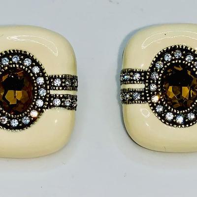Heidi Daus "Super Chic" Crystal Enamel Cream/Amber Necklace & Earrings Rare