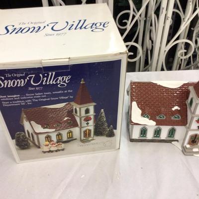 Shabby Oak Church with Carole’s and Trees Dept. 56 Snow Village