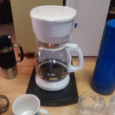 COFFEE MAKER, COFFEE MUGS, THERMOS & CREAM/SUGAR SET