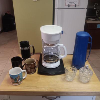 COFFEE MAKER, COFFEE MUGS, THERMOS & CREAM/SUGAR SET