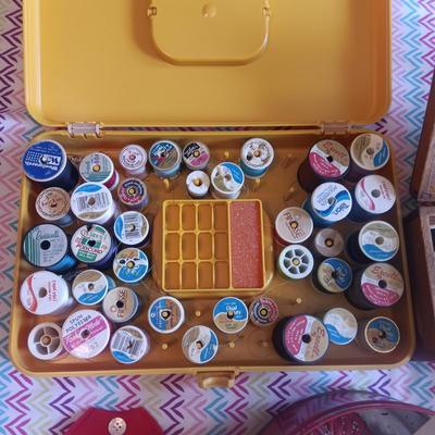 SEWING NOTIONS WITH 2 SEWING BOXES AND 1 WOOD BOX