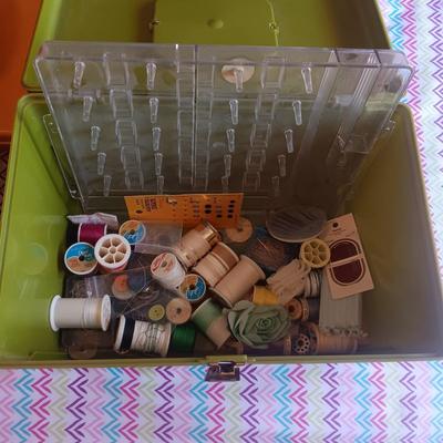 SEWING NOTIONS WITH 2 SEWING BOXES AND 1 WOOD BOX