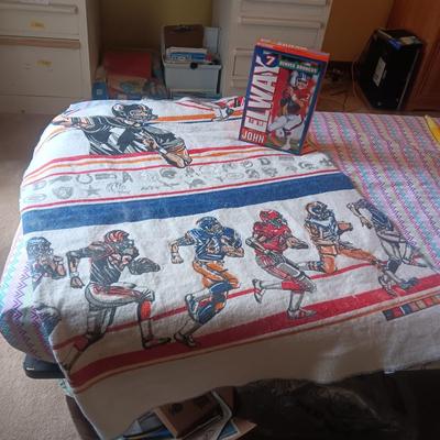TWIN SIZE NFL FOOTBALL BLANKET AND JOHN ELWAY ON A BOX OF SEALED WHEATIES CEREAL