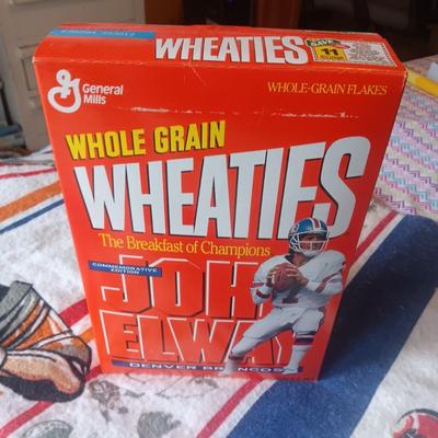 TWIN SIZE NFL FOOTBALL BLANKET AND JOHN ELWAY ON A BOX OF SEALED WHEATIES CEREAL