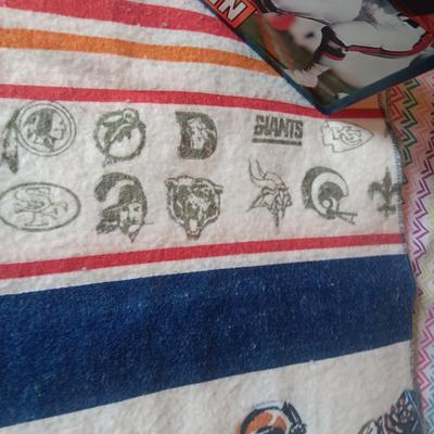 TWIN SIZE NFL FOOTBALL BLANKET AND JOHN ELWAY ON A BOX OF SEALED WHEATIES CEREAL