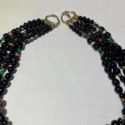 Vintage 5-Strand Onyx Bead Necklace 18" Long in Good Preowned Condition.