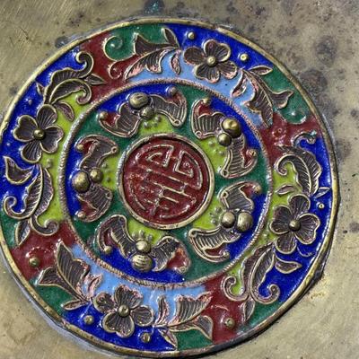 Vintage/Antique Chinese Brass Enameled Footed Bowl in Good Preowned Condition.