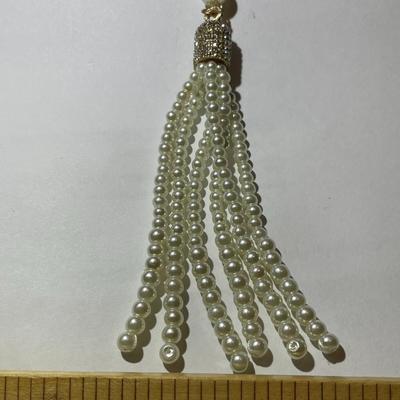 Vintage Faux Pearl & Rhinestone Pendant on a Gold-tone Double Strand Necklace 30-33" Adjustable in Very Good Preowned Condition