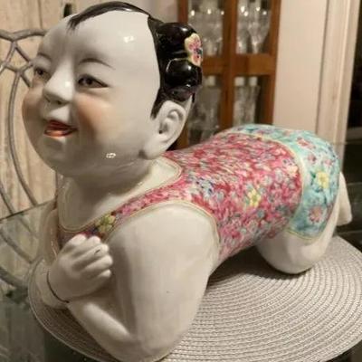 Vintage Earlier SIGNED BASE Chinese Famille Porcelain Baby Child/Girl Opium Pillow Art Statue Sculpture 14" Long as Pic'd....