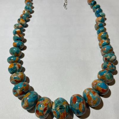 (DK) Designer Sterling Silver New Never Used Southwest Style Chunky Turquoise Color Bead 18"-20" Adjustable Necklace Preowned...