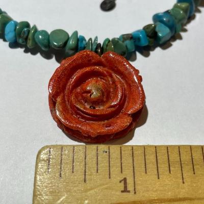 Carolyn Pollack Sterling Silver 925 Turquoise Coral Rose Pendant Necklace 16-20" Adjustable in VG Preowned Condition.