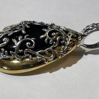 New Never Used Carolyn Pollack Sterling Silver & Brass Black Onyx Enhancer/Slide Pendant (Jewelry #13).