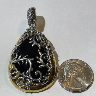 New Never Used Carolyn Pollack Sterling Silver & Brass Black Onyx Enhancer/Slide Pendant (Jewelry #13).