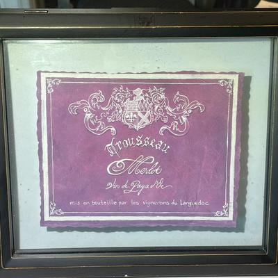 Vintage/Antique 2-Sided Glass Frame 9" x 10.5" French Merlot Label Litho in Good Preowned Condition.