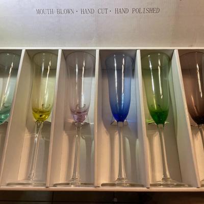 Vintage Never Used BLOCK Colored Champagne Flutes Set of 6 Hand Blown Crystal Stemware Glasses as Pictured.