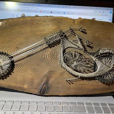 Vintage Mid-Century Motorcycle Wire Artwork Plaque 21" Long in Good Preowned Condition.