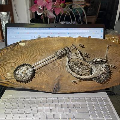 Vintage Mid-Century Motorcycle Wire Artwork Plaque 21" Long in Good Preowned Condition.