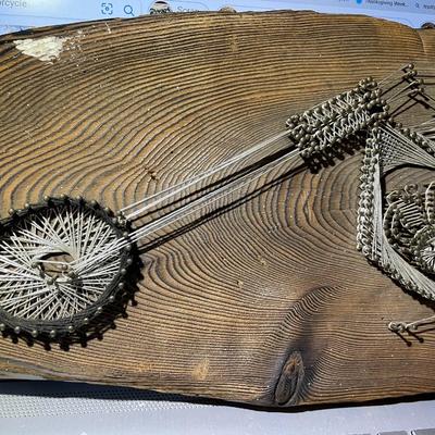 Vintage Mid-Century Motorcycle Wire Artwork Plaque 21" Long in Good Preowned Condition.